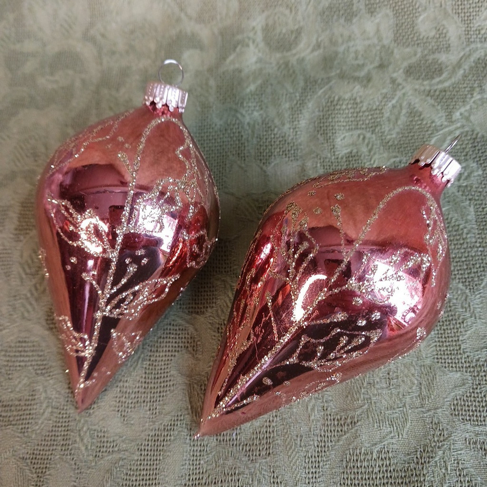 Vintage Blown Glass Gold Glitter Christmas Ornaments 4"